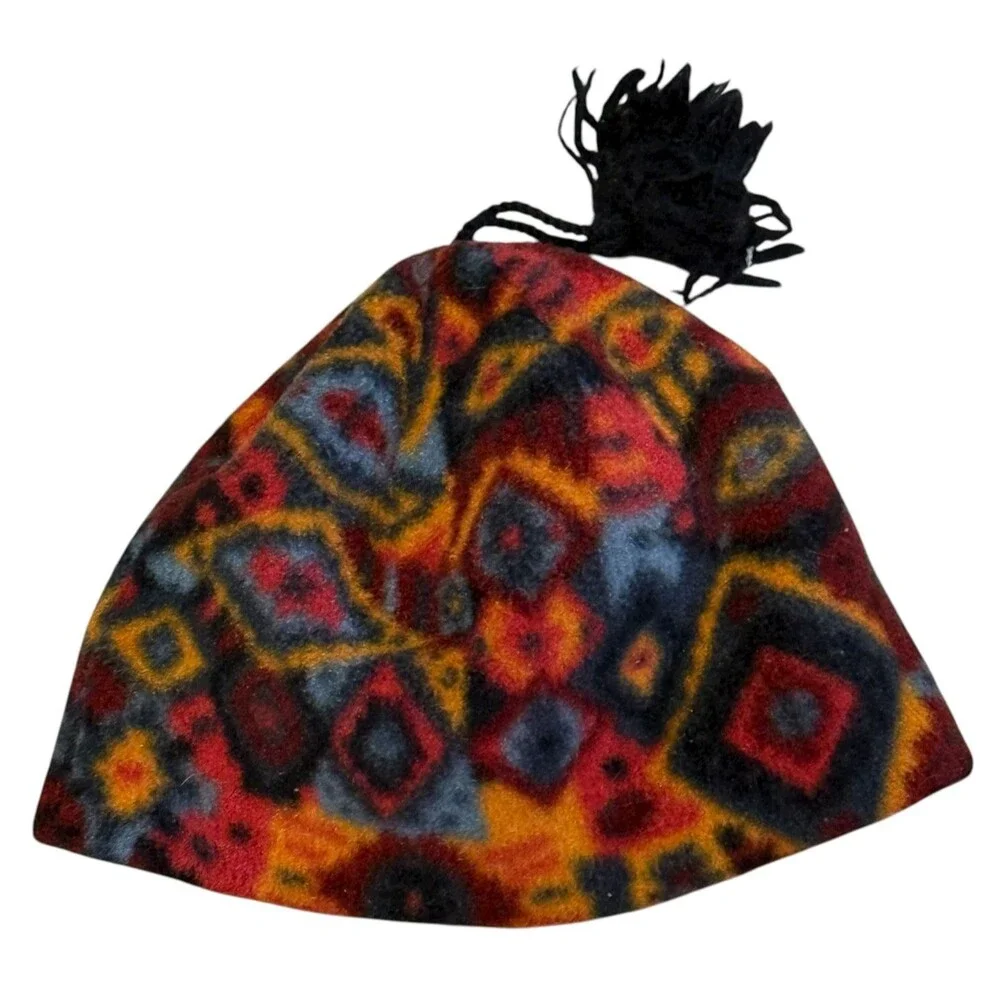 Vintage 90s Y2K Black Canyon Fleece Beanie Snowboard Ski Hat Geometric Aztec Cap